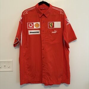 Puma Button down Shirt Mens XL Red Ferrari Shell Racing F1 Vodafone Embroidered